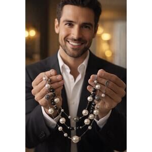 NY & Co Faux Pearl Layered Necklace 3 Strand Silver Gunmetal 19-22”